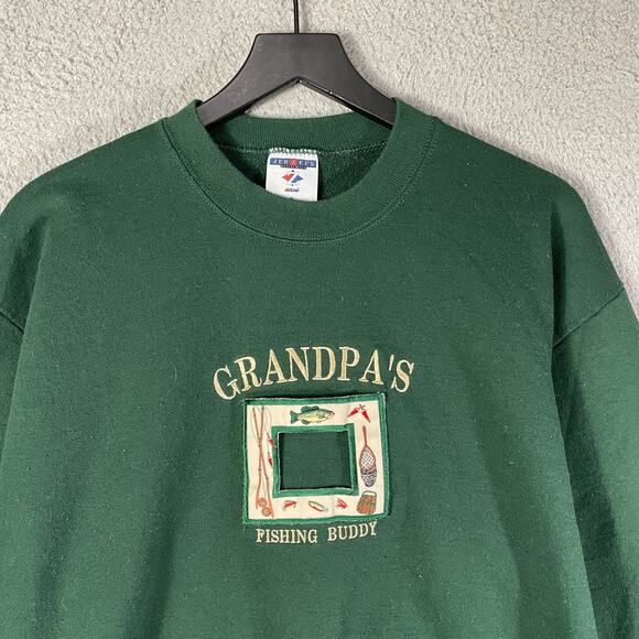 Vintage Jerzees Grandpa’s Fishing Buddy Green Sweatshirt L Made in USA Funny - Picture 7 of 8